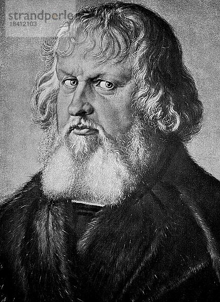 Das Bildnis des Hieronymus Holzschuher ist ein Gemälde des deutschen Renaissance-Meisters Albrecht Dürer aus dem Jahr 1526  Historisch  digital restaurierte Reproduktion von einer Vorlage aus dem 19. Jahrhundert