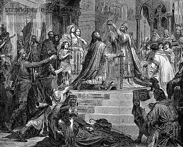 Karl der Große  2. April 742  28. Januar 814  auch bekannt als Karl der Große  Carolus oder Karolus Magnus oder Karl I. Kaiserkrönung in St. Peter  Historisch  digital restaurierte Reproduktion von einer Vorlage aus dem 19. Jahrhundert