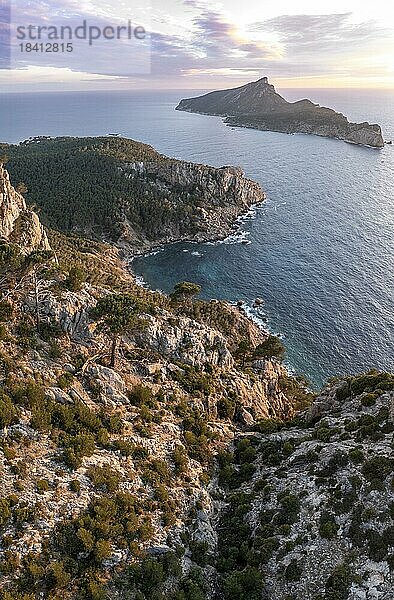 Felsenküste mit einer Insel  Sonnenuntergang über dem Meer  Mirador Jose Sastre  Insel Sa Dragenora  Mallorca  Spanien  Europa