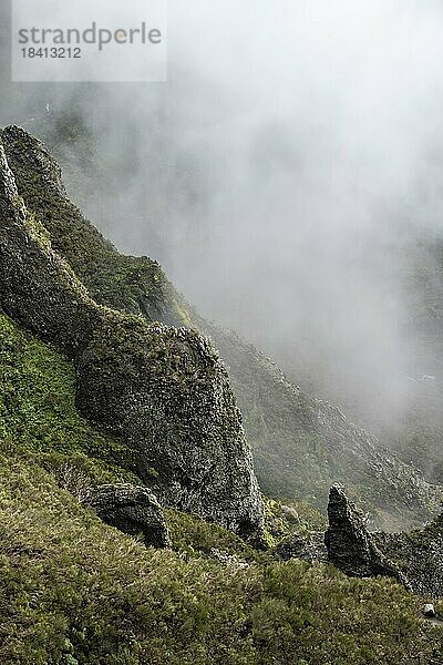 Nebel an einer Felsenklippe  Zentralgebirge Madeiras  Madeira  Portugal  Europa