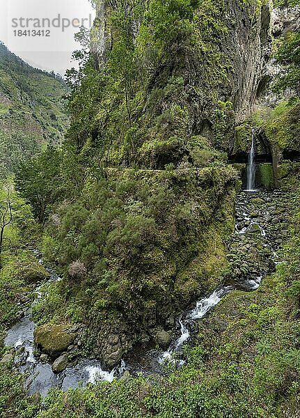 Wasserfall Nova und Moinho in einer Schlucht  Wanderweg am Levada Nova  Langzeitbelichtung  Ponta do Sol  Madeira  Portugal  Europa