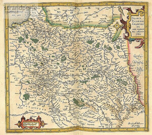 Atlas  Landkarte aus dem Jahre 1623  Picardie und Champagne  Frankreich  digital restaurierte Reproduktion von einem Kupferstich von Gerhard Mercator  geboren als Gheert Cremer  5. März 1512  2. Dezember 1594  Geograph und Kartograf  Europa
