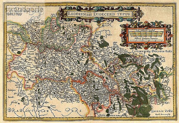 Atlas  Landkarte aus dem Jahre 1623  Belgien  digital restaurierte Reproduktion von einem Kupferstich von Gerhard Mercator  geboren als Gheert Cremer  5. März 1512  2. Dezember 1594  Geograph und Kartograf  Europa