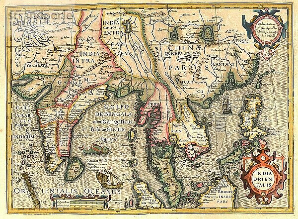 Atlas  Landkarte aus dem Jahre 1623  Golf von Bengalen  Indien  Siam  Thailand  Sumatra  Asien  digital restaurierte Reproduktion von einem Kupferstich von Gerhard Mercator  geboren als Gheert Cremer  5. März 1512  2. Dezember 1594  Geograph und Kartograf  Asien