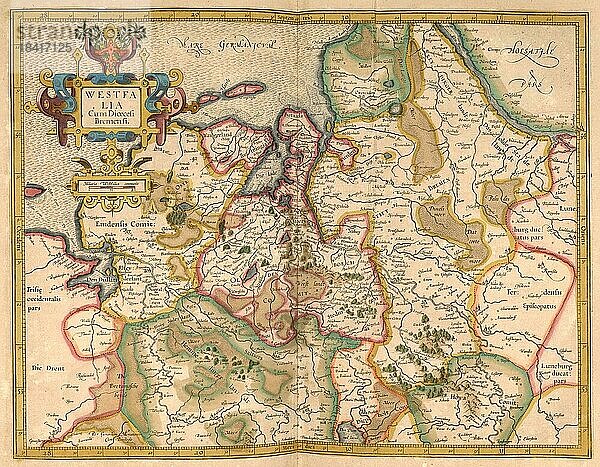 Atlas  Landkarte aus dem Jahre 1623  Westfalen  Deutschland  digital restaurierte Reproduktion von einem Kupferstich von Gerhard Mercator  geboren als Gheert Cremer  5. März 1512  2. Dezember 1594  Geograph und Kartograf  Europa