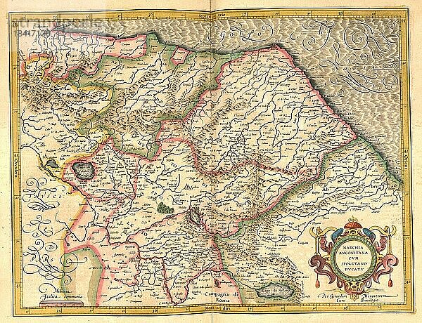 Atlas  Landkarte aus dem Jahre 1623  Marche  Marken  Italien  digital restaurierte Reproduktion von einem Kupferstich von Gerhard Mercator  geboren als Gheert Cremer  5. März 1512  2. Dezember 1594  Geograph und Kartograf  Europa