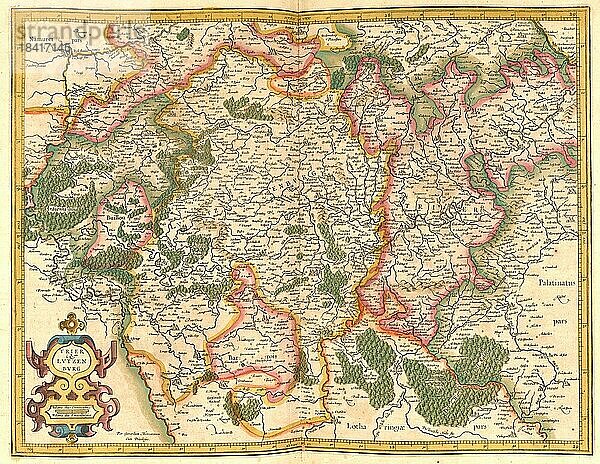 Atlas  Landkarte aus dem Jahre 1623  Lucemburg und Trier  Deutschland  digital restaurierte Reproduktion von einem Kupferstich von Gerhard Mercator  geboren als Gheert Cremer  5. März 1512  2. Dezember 1594  Geograph und Kartograf  Europa