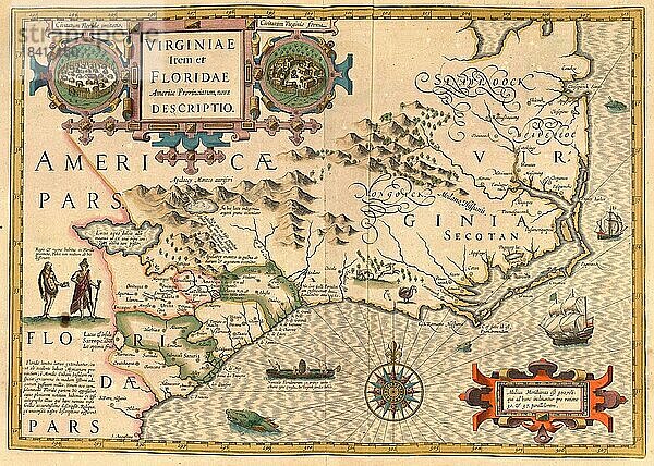 Atlas  Landkarte aus dem Jahre 1623  Virginia  Norden von Florida  Amerika  digital restaurierte Reproduktion von einem Kupferstich von Gerhard Mercator  geboren als Gheert Cremer  5. März 1512  2. Dezember 1594  Geograph und Kartograf