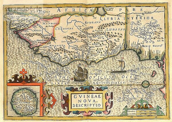 Atlas  Landkarte aus dem Jahre 1623  Guinease nova  Neu-Guinea  digital restaurierte Reproduktion von einem Kupferstich von Gerhard Mercator  geboren als Gheert Cremer  5. März 1512  2. Dezember 1594  Geograph und Kartograf