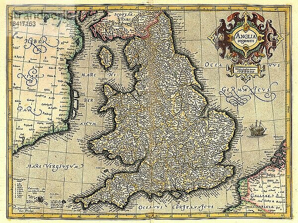 Atlas  Landkarte aus dem Jahre 1623  England  digital restaurierte Reproduktion von einem Kupferstich von Gerhard Mercator  geboren als Gheert Cremer  5. März 1512  2. Dezember 1594  Geograph und Kartograf