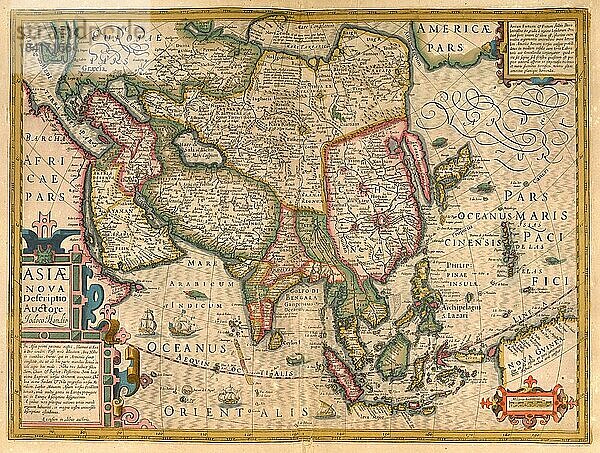 Atlas  Landkarte aus dem Jahre 1623  Asien  digital restaurierte Reproduktion von einem Kupferstich von Gerhard Mercator  geboren als Gheert Cremer  5. März 1512  2. Dezember 1594  Geograph und Kartograf
