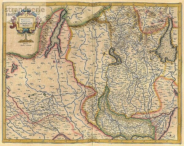 Atlas  Landkarte aus dem Jahre 1623  Emilia Romagna  Brescia  Gardasee  Lombardei  Italien  digital restaurierte Reproduktion von einem Kupferstich von Gerhard Mercator  geboren als Gheert Cremer  5. März 1512  2. Dezember 1594  Geograph und Kartograf  Europa