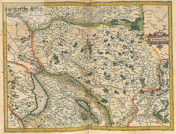Atlas  Landkarte aus dem Jahre 1623  Burgundia  Burgund und Schweiz  digital restaurierte Reproduktion von einem Kupferstich von Gerhard Mercator  geboren als Gheert Cremer  5. März 1512  2. Dezember 1594  Geograph und Kartograf