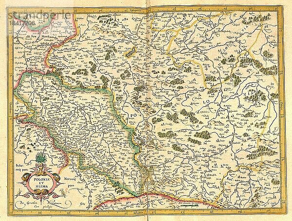 Atlas  Landkarte aus dem Jahre 1623  Schlesien  Polen  digital restaurierte Reproduktion von einem Kupferstich von Gerhard Mercator  geboren als Gheert Cremer  5. März 1512  2. Dezember 1594  Geograph und Kartograf  Europa