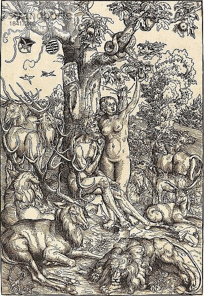 Adam und Eva im Paradies  Bild von Lucas Cranach der Ältere  4. Oktober 1472  16. Oktober 1553  einer der bedeutendsten deutschen Maler  Grafiker und Buchdrucker der Renaissance  Historisch  digital restaurierte Reproduktion einer historischen Vorlage