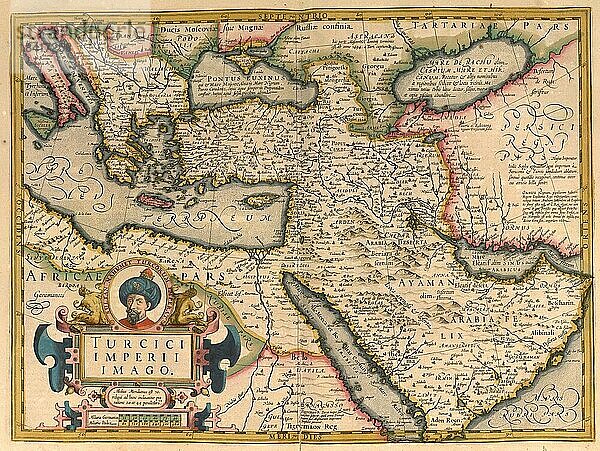 Atlas  Landkarte aus dem Jahre 1623  Turcici  Türkei  digital restaurierte Reproduktion von einem Kupferstich von Gerhard Mercator  geboren als Gheert Cremer  5. März 1512  2. Dezember 1594  Geograph und Kartograf  Asien