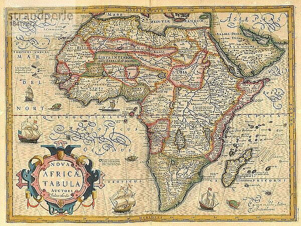 Atlas  Landkarte aus dem Jahre 1623  Afrika  digital restaurierte Reproduktion von einem Kupferstich von Gerhard Mercator  geboren als Gheert Cremer  5. März 1512  2. Dezember 1594  Geograph und Kartograf