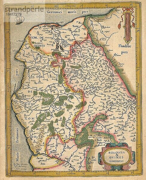 Atlas  Landkarte aus dem Jahre 1623  Bolonia und Guines  Frankreich  digital restaurierte Reproduktion von einem Kupferstich von Gerhard Mercator  geboren als Gheert Cremer  5. März 1512  2. Dezember 1594  Geograph und Kartograf  Europa