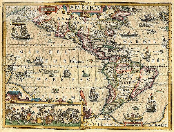 Atlas  Landkarte aus dem Jahre 1623  Amerika  Mittelamerika  Südamerika  Pazifik  digital restaurierte Reproduktion von einem Kupferstich von Gerhard Mercator  geboren als Gheert Cremer  5. März 1512  2. Dezember 1594  Geograph und Kartograf