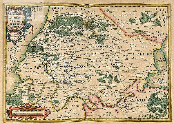 Atlas  Landkarte aus dem Jahre 1623  Ile de France  Frankreich  digital restaurierte Reproduktion von einem Kupferstich von Gerhard Mercator  geboren als Gheert Cremer  5. März 1512  2. Dezember 1594  Geograph und Kartograf  Europa