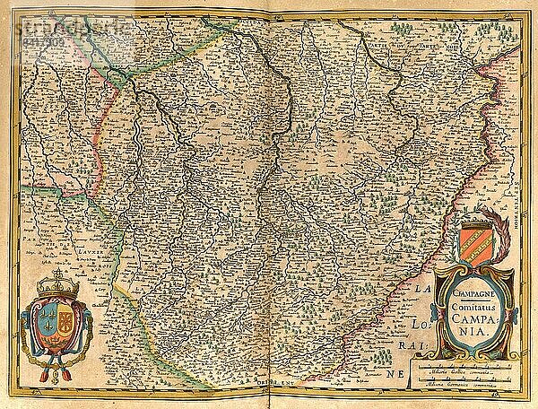 Atlas  Landkarte aus dem Jahre 1623  Champagne  Campania  Frankreich  digital restaurierte Reproduktion von einem Kupferstich von Gerhard Mercator  geboren als Gheert Cremer  5. März 1512  2. Dezember 1594  Geograph und Kartograf  Europa