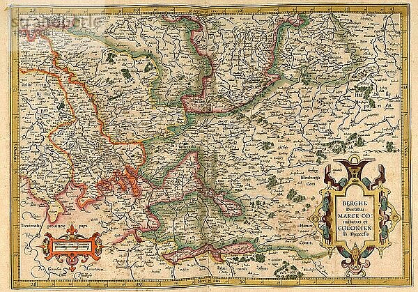 Atlas  Landkarte aus dem Jahre 1623  Westerwald  Deutschland  digital restaurierte Reproduktion von einem Kupferstich von Gerhard Mercator  geboren als Gheert Cremer  5. März 1512  2. Dezember 1594  Geograph und Kartograf  Europa