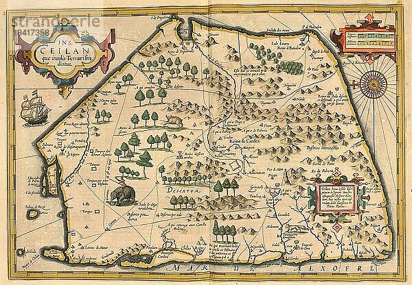 Atlas  Landkarte aus dem Jahre 1623  Ceilan  Ceylon  Sri Lanka  digital restaurierte Reproduktion von einem Kupferstich von Gerhard Mercator  geboren als Gheert Cremer  5. März 1512  2. Dezember 1594  Geograph und Kartograf  Asien