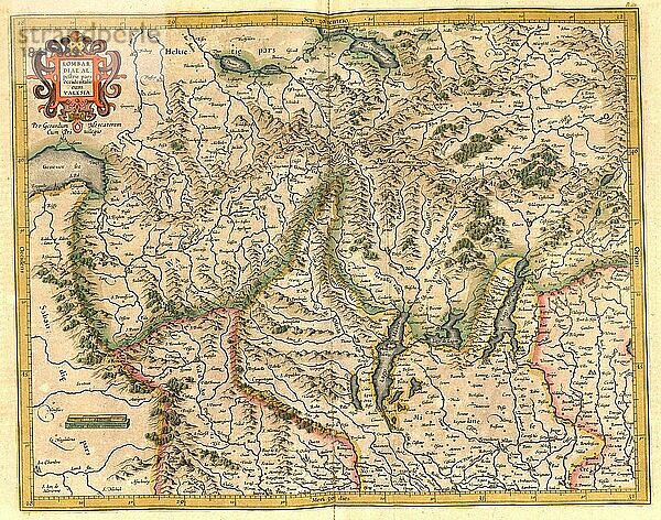 Atlas  Landkarte aus dem Jahre 1623  Lombardei  Italien  digital restaurierte Reproduktion von einem Kupferstich von Gerhard Mercator  geboren als Gheert Cremer  5. März 1512  2. Dezember 1594  Geograph und Kartograf  Europa