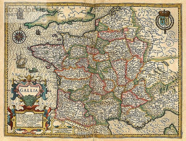 Atlas  Landkarte aus dem Jahre 1623  Gallien  Frankreich  digital restaurierte Reproduktion von einem Kupferstich von Gerhard Mercator  geboren als Gheert Cremer  5. März 1512  2. Dezember 1594  Geograph und Kartograf  Europa