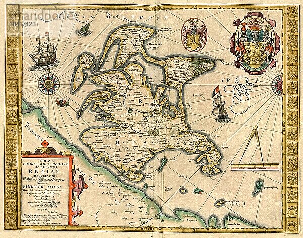 Atlas  Landkarte aus dem Jahre 1623  Rugiae  Insel Rügen  Deutschland  digital restaurierte Reproduktion von einem Kupferstich von Gerhard Mercator  geboren als Gheert Cremer  5. März 1512  2. Dezember 1594  Geograph und Kartograf  Europa