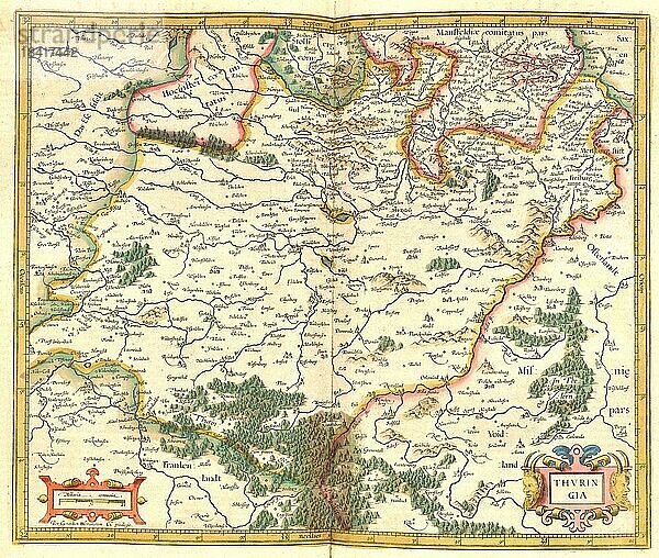 Atlas  Landkarte aus dem Jahre 1623  Thüringen  Deutschland  digital restaurierte Reproduktion von einem Kupferstich von Gerhard Mercator  geboren als Gheert Cremer  5. März 1512  2. Dezember 1594  Geograph und Kartograf  Europa