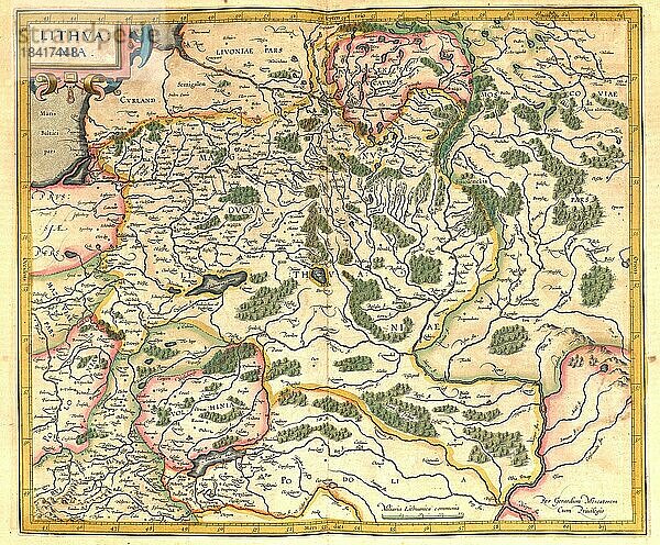 Atlas  Landkarte aus dem Jahre 1623  Litauen  digital restaurierte Reproduktion von einem Kupferstich von Gerhard Mercator  geboren als Gheert Cremer  5. März 1512  2. Dezember 1594  Geograph und Kartograf  Europa