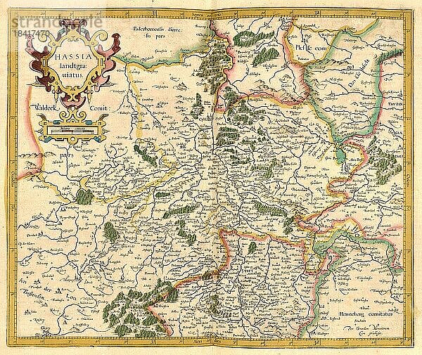 Atlas  Landkarte aus dem Jahre 1623  Hassia  Hessen  Deutschland  digital restaurierte Reproduktion von einem Kupferstich von Gerhard Mercator  geboren als Gheert Cremer  5. März 1512  2. Dezember 1594  Geograph und Kartograf  Europa