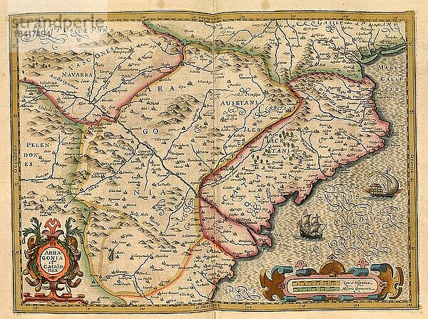 Atlas  Landkarte aus dem Jahre 1623  Aragonien und Katalonien  Spanien  digital restaurierte Reproduktion von einem Kupferstich von Gerhard Mercator  geboren als Gheert Cremer  5. März 1512  2. Dezember 1594  Geograph und Kartograf  Europa