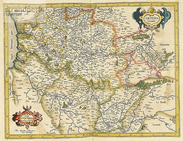 Atlas  Landkarte aus dem Jahre 1623  Artesia  Belgien  digital restaurierte Reproduktion von einem Kupferstich von Gerhard Mercator  geboren als Gheert Cremer  5. März 1512  2. Dezember 1594  Geograph und Kartograf  Europa