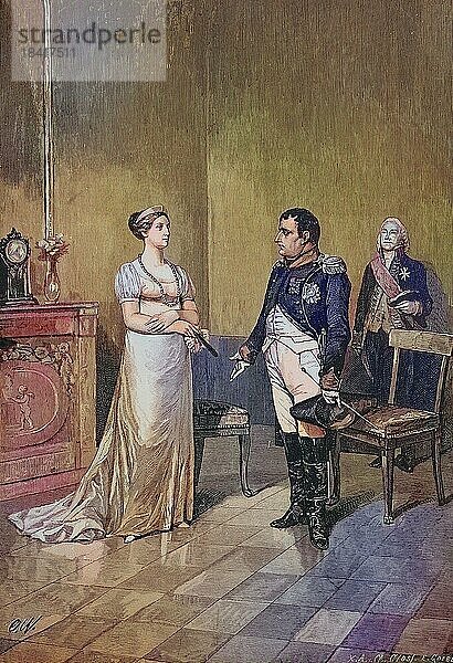 Duchess Louise von Mecklenburg-Strelitz and Napoleon Bonaparte in Tilsit  Historical  digitally restored reproduction of an original from the 19th century  exact date unknown