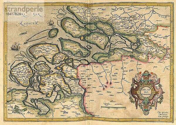 Atlas  Landkarte aus dem Jahre 1623  Holland  Belgien  digital restaurierte Reproduktion von einem Kupferstich von Gerhard Mercator  geboren als Gheert Cremer  5. März 1512  2. Dezember 1594  Geograph und Kartograf  Europa