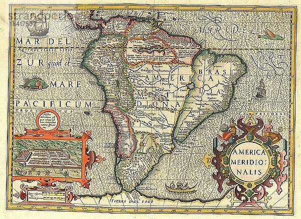 Atlas  Landkarte aus dem Jahre 1623  Südamerika  digital restaurierte Reproduktion von einem Kupferstich von Gerhard Mercator  geboren als Gheert Cremer  5. März 1512  2. Dezember 1594  Geograph und Kartograf