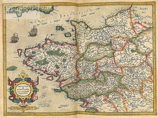 Atlas  Landkarte aus dem Jahre 1623  Bretagne und Normandie  Frankreich  digital restaurierte Reproduktion von einem Kupferstich von Gerhard Mercator  geboren als Gheert Cremer  5. März 1512  2. Dezember 1594  Geograph und Kartograf  Europa