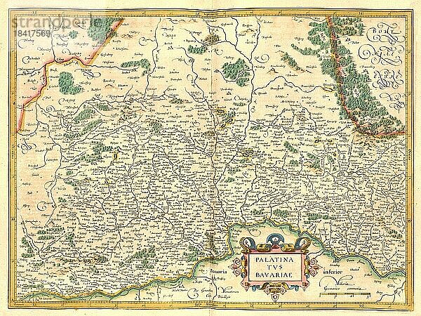Atlas  Landkarte aus dem Jahre 1623  Palatina und Bavariae  Pfalz und Bayern  digital restaurierte Reproduktion von einem Kupferstich von Gerhard Mercator  geboren als Gheert Cremer  5. März 1512  2. Dezember 1594  Geograph und Kartograf
