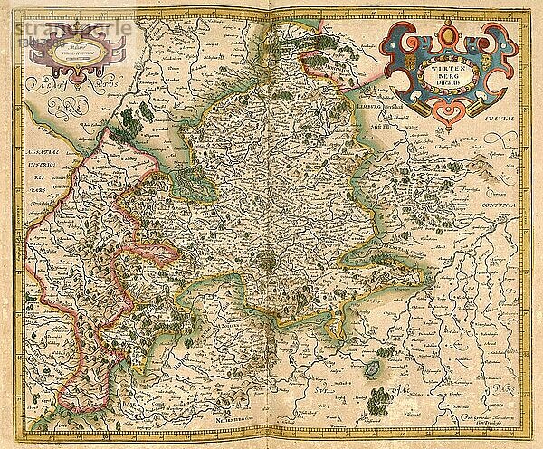 Atlas  Landkarte aus dem Jahre 1623  Württemberg  Deutschland  digital restaurierte Reproduktion von einem Kupferstich von Gerhard Mercator  geboren als Gheert Cremer  5. März 1512  2. Dezember 1594  Geograph und Kartograf  Europa