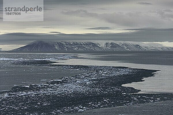 Treibende Eisbrocken mit Mustern und Strukturen im Wasser  dahinter Gebirgszug  Hinlopen Straße  Spitzbergen  Svalbard