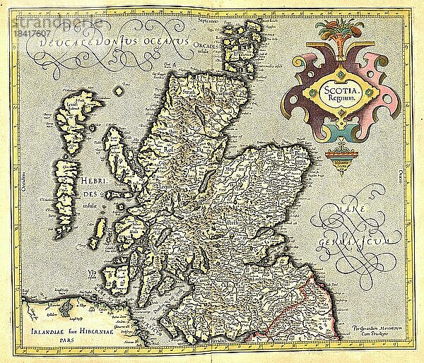 Atlas  Landkarte aus dem Jahre 1623  Schottland  Irland und Hebriden  digital restaurierte Reproduktion von einem Kupferstich von Gerhard Mercator  geboren als Gheert Cremer  5. März 1512  2. Dezember 1594  Geograph und Kartograf