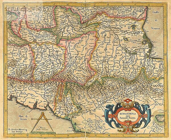 Atlas  Landkarte aus dem Jahre 1623  Romandiola  Emilia Romagna  Italien  digital restaurierte Reproduktion von einem Kupferstich von Gerhard Mercator  geboren als Gheert Cremer  5. März 1512  2. Dezember 1594  Geograph und Kartograf  Europa