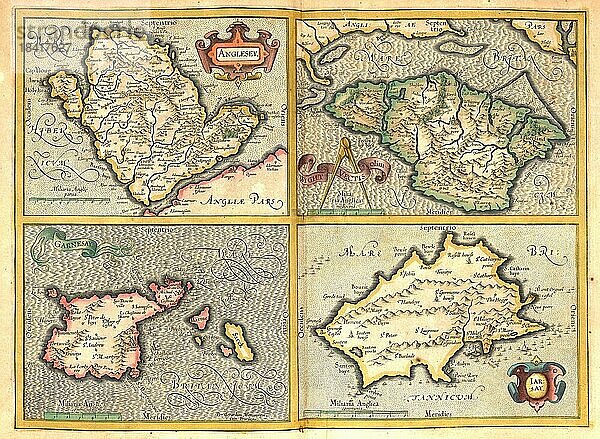 Atlas  Landkarte aus dem Jahre 1623  Anglesey Insel in Wales  Insel Wight  Garnesay Guernsey  Iarsey Jersey  digital restaurierte Reproduktion von einem Kupferstich von Gerhard Mercator  geboren als Gheert Cremer  5. März 1512  2. Dezember 1594  Geograph und Kartograf
