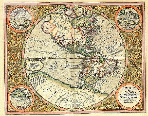 Atlas  Landkarte aus dem Jahre 1623  Nordamerika  Südamerika  Antarktis  digital restaurierte Reproduktion von einem Kupferstich von Gerhard Mercator  geboren als Gheert Cremer  5. März 1512  2. Dezember 1594  Geograph und Kartograf  Antarktika