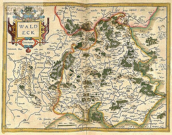 Atlas  Landkarte aus dem Jahre 1623  Waldeck  Deutschland  digital restaurierte Reproduktion von einem Kupferstich von Gerhard Mercator  geboren als Gheert Cremer  5. März 1512  2. Dezember 1594  Geograph und Kartograf  Europa