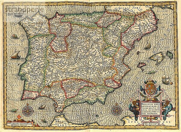 Atlas  Landkarte aus dem Jahre 1623  Iberische Halbinsel  Spanien  Portigal  digital restaurierte Reproduktion von einem Kupferstich von Gerhard Mercator  geboren als Gheert Cremer  5. März 1512  2. Dezember 1594  Geograph und Kartograf  Europa