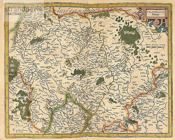 Atlas  Landkarte aus dem Jahre 1623  Palarinatus  Pfalz  Deutschland  digital restaurierte Reproduktion von einem Kupferstich von Gerhard Mercator  geboren als Gheert Cremer  5. März 1512  2. Dezember 1594  Geograph und Kartograf  Europa