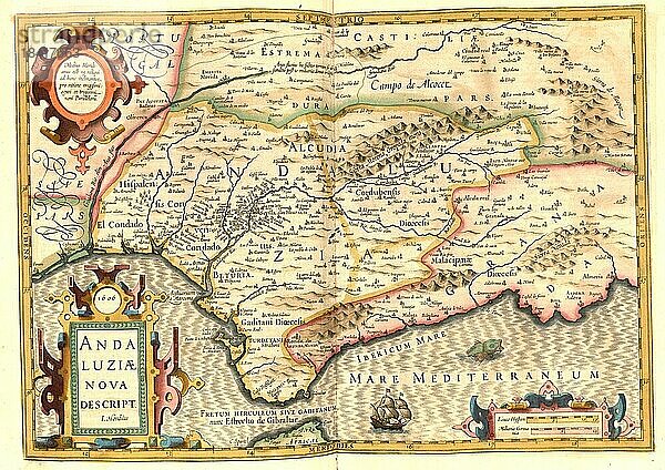 Atlas  Landkarte aus dem Jahre 1623  Andalusien  Spanien  digital restaurierte Reproduktion von einem Kupferstich von Gerhard Mercator  geboren als Gheert Cremer  5. März 1512  2. Dezember 1594  Geograph und Kartograf  Europa